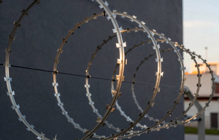 Close-up photography of a high-security concertina wire coil with sharp galvanized steel blades. The background is a dark gray industrial wall in a South American urban environment. Lighting is dramatic from a sunset, highlighting silver textures.