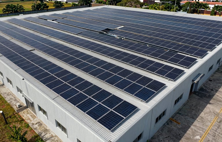 Wide-angle photography of a commercial warehouse in a Colombian industrial zone, its large roof covered with organized rows of solar panels. Professional lighting, sophisticated atmosphere, emphasizing the reliability and high quality of solar infrastructure for industry.
