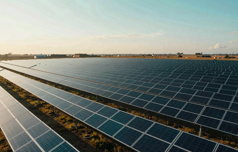 Cinematic photography of a massive solar farm located in the vast Colombian plains. Deep teal and dark blue solar arrays stretching towards the horizon under a soft golden hour sky. Forward-thinking and professional aesthetic representing environmental leadership.