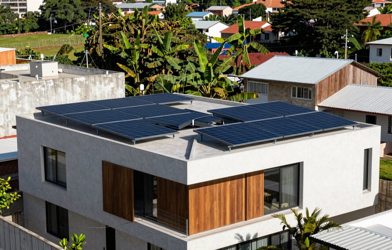 Modern photography of a stylish residential home in a South American urban neighborhood with high-tech solar panels installed on the roof. Bright, natural sunlight, professional architectural composition, emphasizing clean energy and sustainable living with lush light green vegetation in the background.