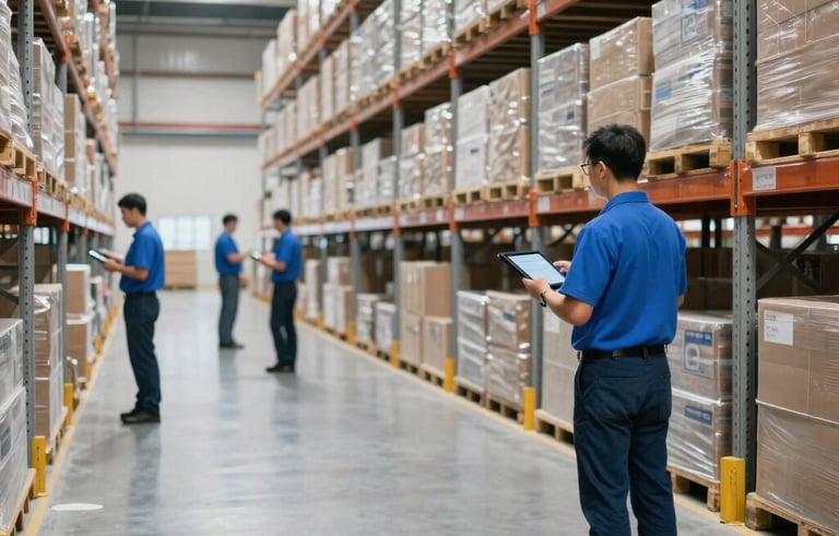 Interior of a modern, clean logistics warehouse with light gray polished floors and high ceilings. Staff in professional blue attire managing inventory with digital tablets. International / Global corporate setting.