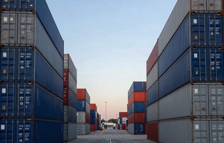 A clean and organized container terminal at a major international port. Symmetrical stacks of blue and gray shipping containers against a clear afternoon sky. International / Global commercial port facility.