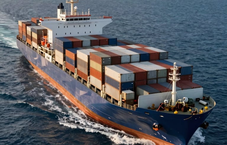 A high-angle professional photograph of a massive container ship navigating through deep dark blue ocean water. The composition is clean and modern, highlighting the scale of global logistics. International / Global maritime setting with soft golden sunlight.