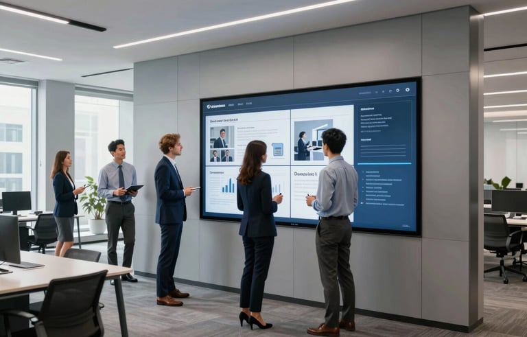 A high-end North American office interior with a collaborative workspace. Professionals in modern business attire are interacting with a sleek, digital touchscreen wall showing educational interface layouts. Lighting is clean and professional with Soft Silver and Midnight Blue accents.