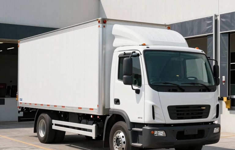 A professional white box truck parked near a clean loading dock in a North American business district. The setting is modern and streamlined, showing professional logistics in action.