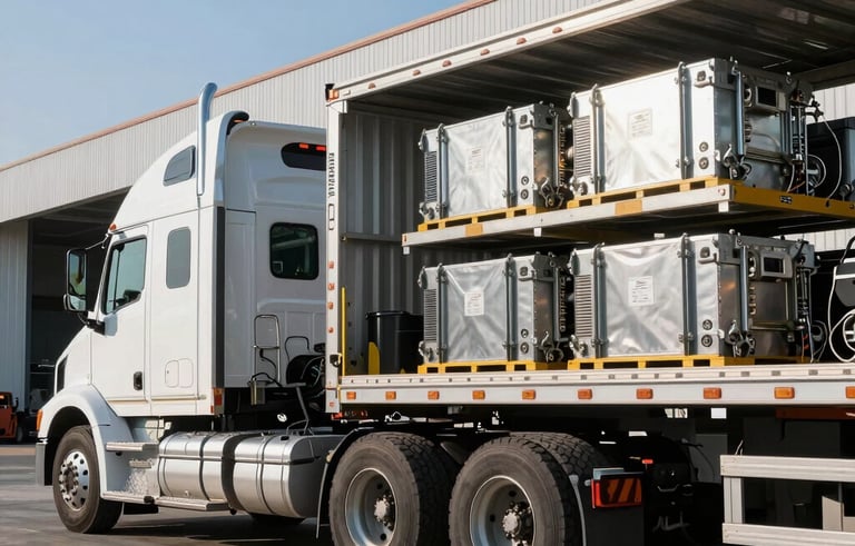 A heavy-duty semi-truck with a flatbed trailer loaded with neatly secured industrial equipment at a modern US logistics hub. The scene is crisp with steel blue sky and professional lighting.