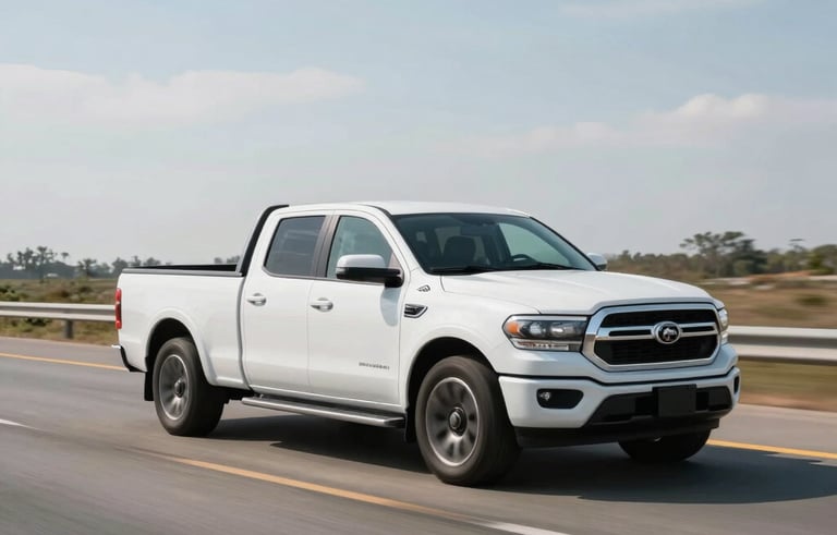 A clean, modern white hotshot pickup truck with a long flatbed trailer traveling on an open North American highway during the day. The lighting is bright and professional, emphasizing a sense of motion and efficiency.