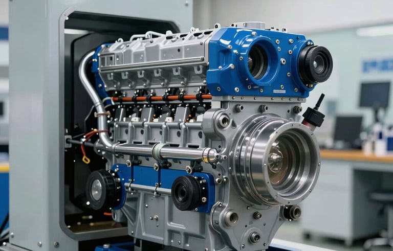 Modern automotive testing facility in Brazil featuring an engine on a dynamometer. Technical lighting highlights the cool steel blue and pale frost gray surfaces of the equipment. Sharp, professional photography capturing technical excellence.
