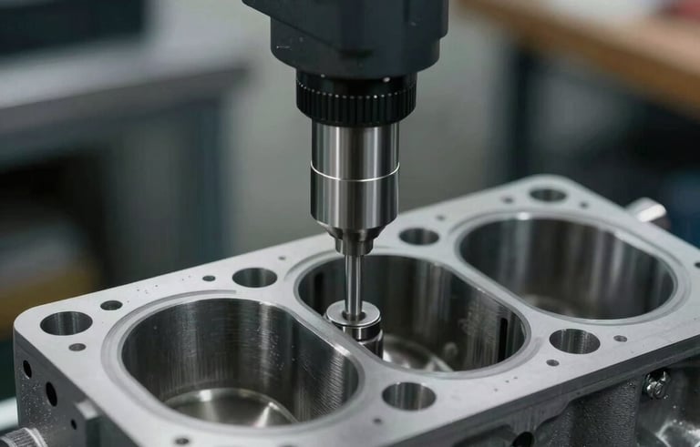 Close-up photography of a precision measurement tool being used on a clean engine cylinder block in a professional workshop in Brazil. The scene features industrial lighting with deep slate gray and silver gray tones, emphasizing a professional and technical atmosphere.