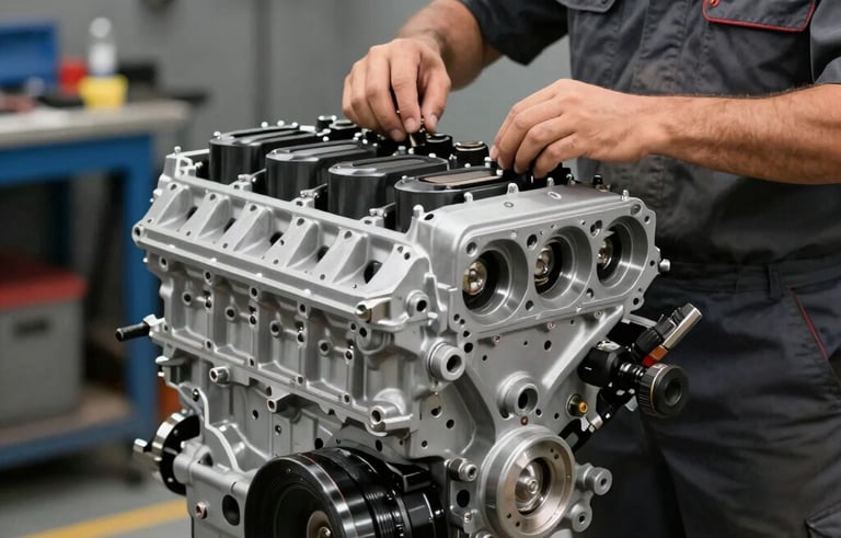 A South American mechanic in a professional uniform inspecting a fully reassembled high-performance engine. Crisp focus, clean workshop background, light pewter gray and deep slate gray color palette.