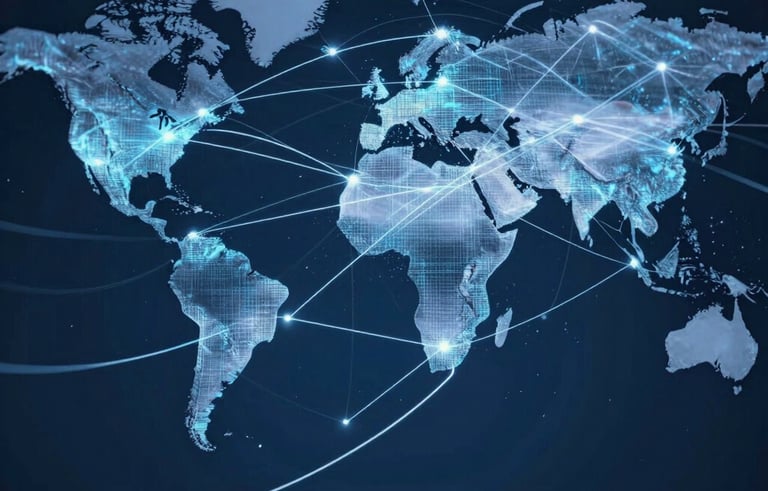 A dynamic composition of digital light trails moving through a global network, symbolizing seamless digital transformation. Professional steel blue and navy tones in a clean, sophisticated International / Global atmosphere.