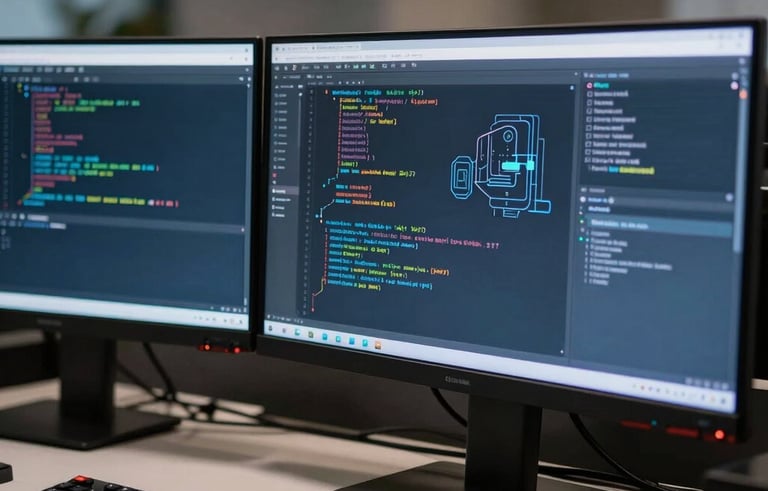 A close-up of a high-performance computer workstation with triple monitors showing clean, modern code and futuristic UI architecture. Lighting is professional and focused, featuring deep blue and off-white accents in an International / Global office.