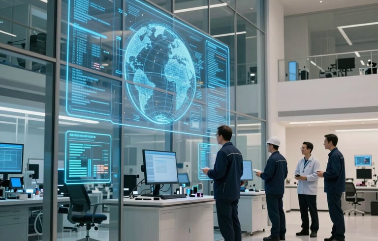 A high-tech research facility with glowing blue holographic data screens and minimalist glass architecture. Engineers in professional attire collaborate in a sleek, futuristic International / Global laboratory setting. Soft navy and off-white lighting.