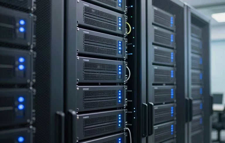 Professional photography of a high-tech server room in a modern North Indian corporate office, featuring neatly organized IP PBX communication hardware with soft blue status lights, bright and clean composition, professional business setting.
