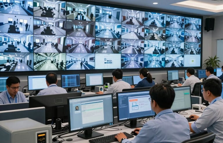 A sophisticated security operations center in a South Asian tech hub, showing professional staff in formal attire monitoring a large wall of CCTV security displays, modern equipment, cool blue and white lighting.