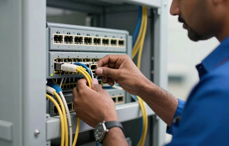 Close-up photography of a professional technician in a blue uniform installing structured networking cables in a modern Indian commercial building, precise execution, high-end technology infrastructure.
