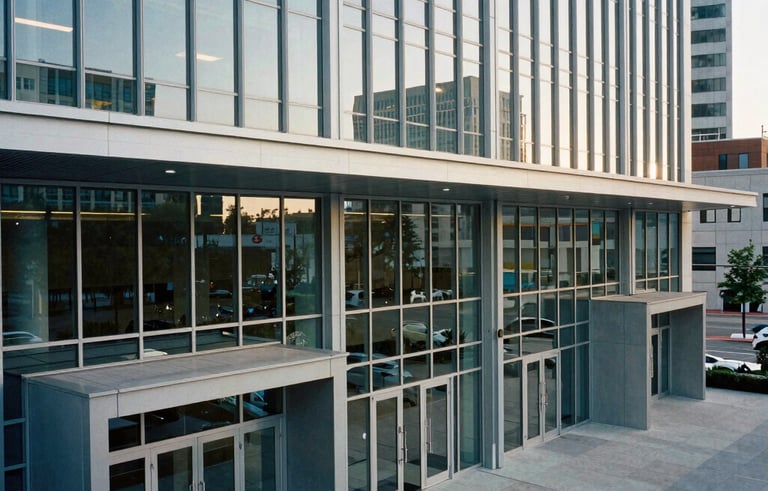 High-angle view of a large-scale modern corporate facility in a North American / US metropolitan area. Multiple glass entrance doors reflecting a clear sky.