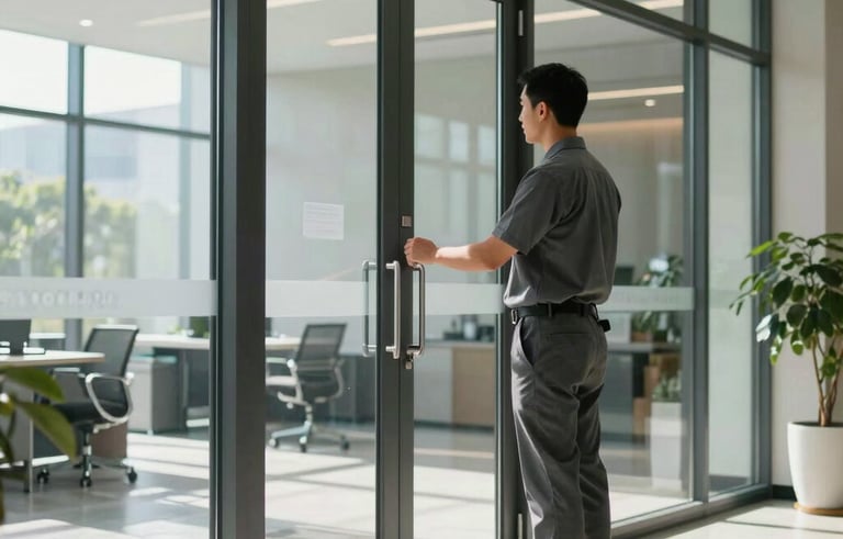 A professional technician in a slate gray uniform inspecting a sleek, modern commercial glass door in a North American / US corporate office lobby. Natural sunlight, clean lines, established professional atmosphere.