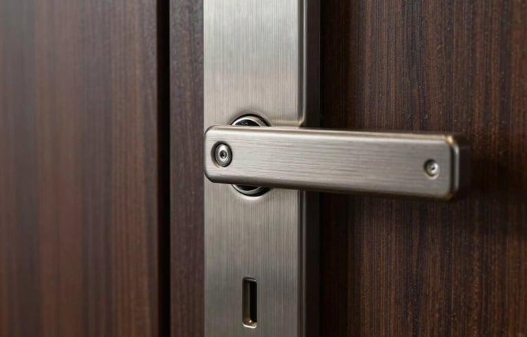 Macro photography of a high-end, brushed metal electronic door lock system on a dark wood grain door. Modern North American / US office setting with soft lighting.