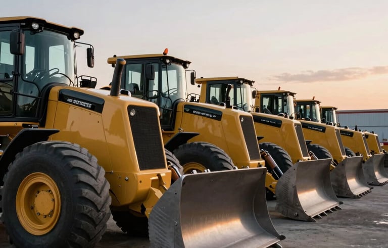 A row of powerful yellow bulldozers and graders parked neatly at a professional North American industrial yard, dusk lighting, reflecting a high-standard of fleet management.