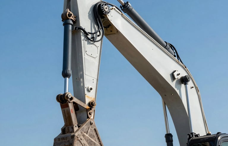 A clean, professional close-up of a modern hydraulic excavator arm against a clear blue North American sky, emphasizing mechanical precision and reliability, steel blue and light gray tones.