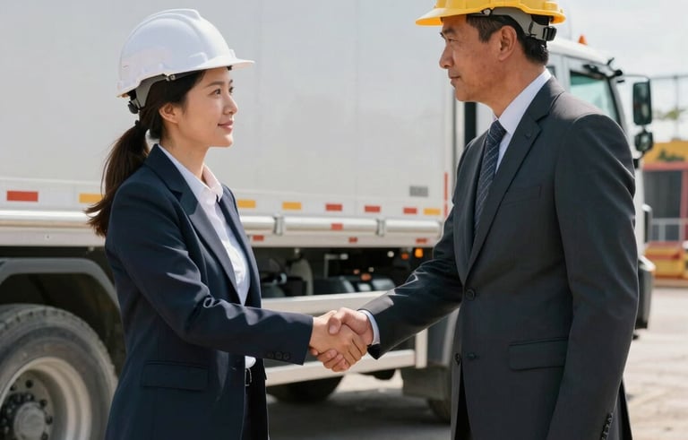 A professional North American business interaction where a specialist and a contractor shake hands in front of a heavy-duty transport truck at a construction staging area.