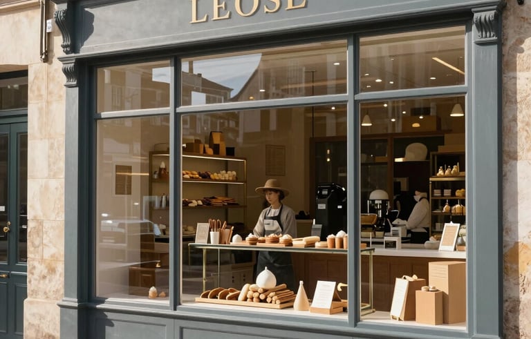 A charming, authentic French bakery storefront in the Lot region, morning sunlight hitting the glass window, reflecting a clean and modern professional atmosphere, European architecture.