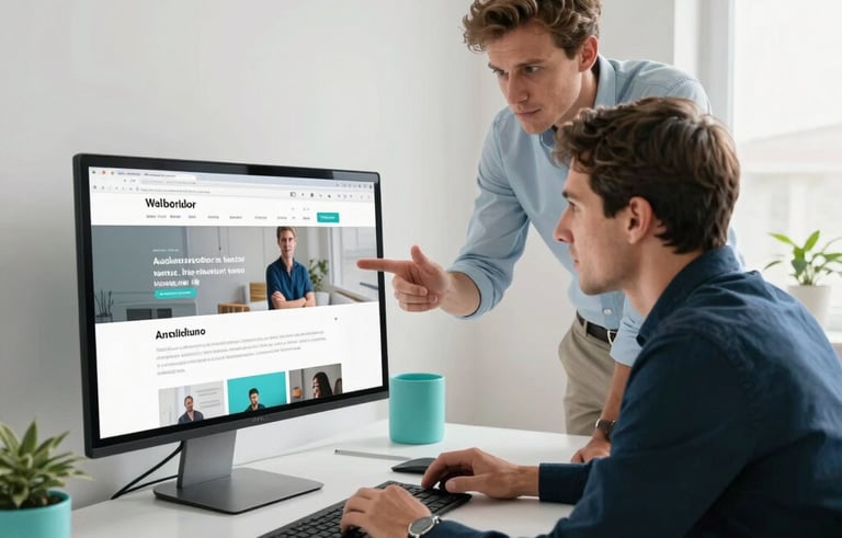 Two European professionals in a bright, contemporary French office space, discussing a website project on a large monitor, clean white walls, natural light, turquoise desk accessories.