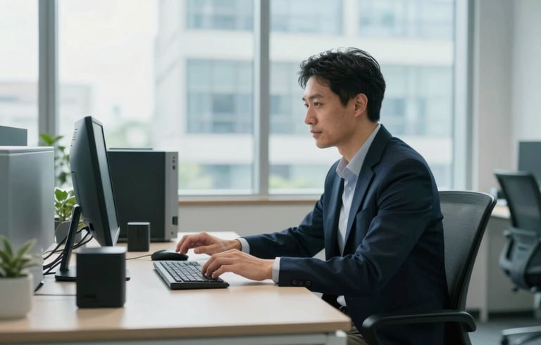A professional adult in a North American corporate office, sitting at a clean minimalist desk and interacting with high-end tech hardware, bright daylight, teal and dark navy accents, professional atmosphere.