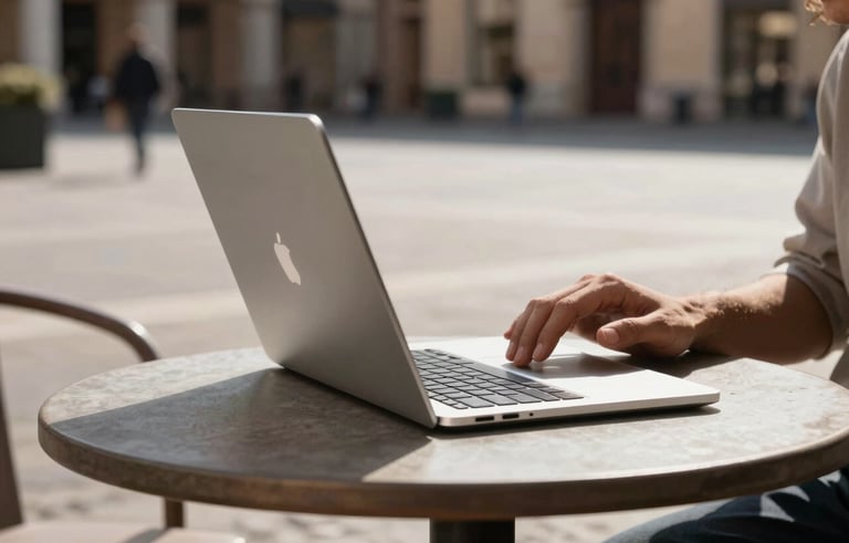 An extremely thin silver ultrabook being used by someone at a contemporary cafe table in a sunny Italian plaza. Focus on the slim profile of the device, high-end lifestyle photography.