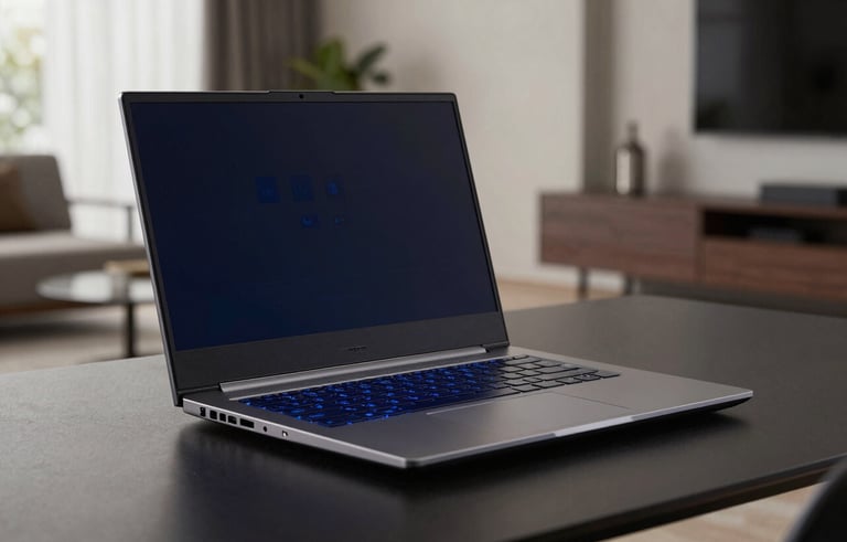 Powerful gaming laptop with a backlit keyboard showing navy blue light, placed on a dark desk. Professional studio photography, sharp focus, modern Italian apartment interior in the background.
