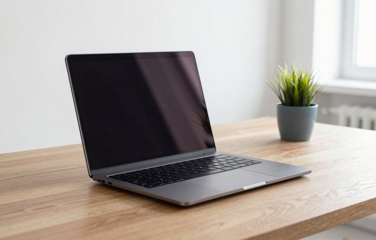 A high-end professional black laptop open on a clean wooden desk in a bright, modern Southern European office. Soft natural light, minimalist setting with a small plant in a grey-blue pot.