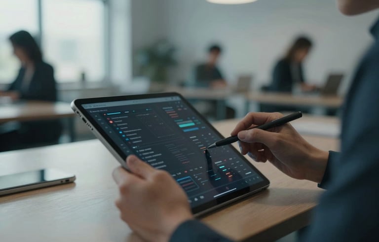 A focused professional in a modern North American co-working space using a tablet, close-up shot showing high-tech interface reflection, soft natural light from a window, muted blue and gray color palette.