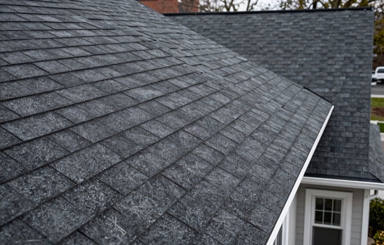 Close-up of a high-quality dark charcoal shingle roof being professionally installed on a residential house in North American / New York City, showing clean lines and expert craftsmanship.