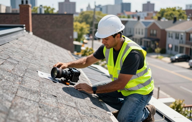 A professional roofing contractor in a high-visibility vest and hard hat inspecting a shingle roof in a New York City residential neighborhood, bright daylight, professional equipment visible, sharp focus.