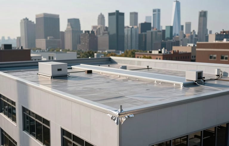 A wide shot of a modern flat roof on a commercial building in Manhattan, featuring clean industrial design and silver sealant, with the New York City skyline softly blurred in the background.