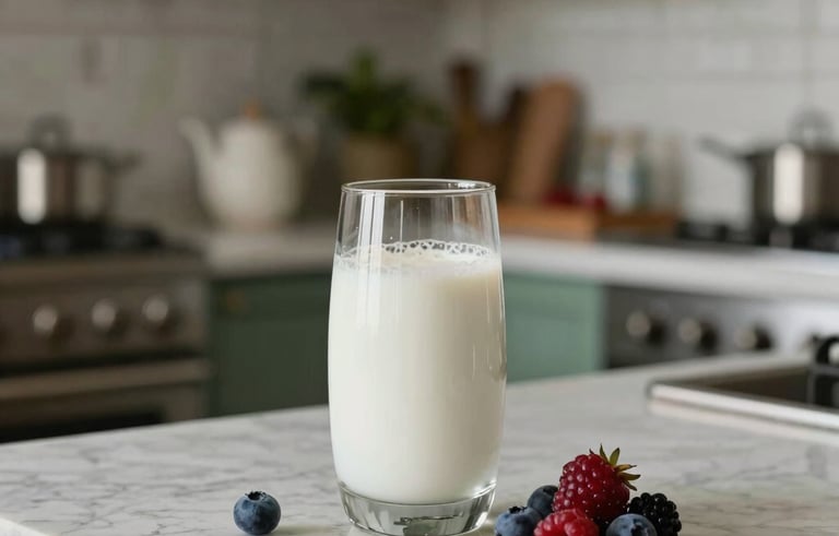 An elegant lifestyle photograph showing a glass of kefir with fresh berries on a marble countertop. In the background, a blur of a modern, clean kitchen in a Mexican villa. Soft lighting, sophisticated and peaceful atmosphere with muted green accents.
