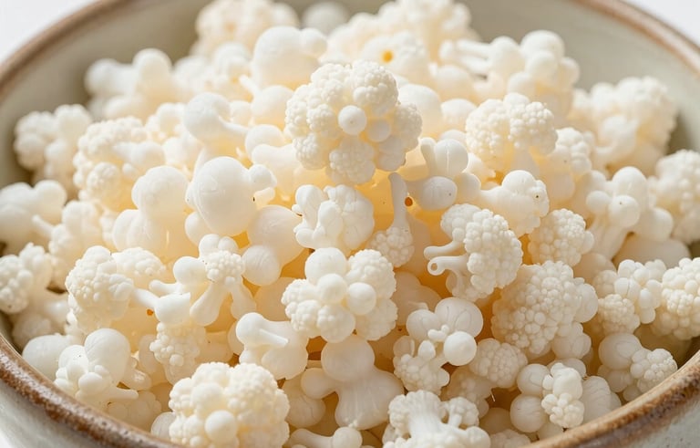 Macro photography of healthy, white kefir grains (búlgaros) in a traditional Mexican ceramic bowl. The lighting is crisp and bright, showing the unique cauliflower-like texture. Minimalist composition with a focus on purity and quality.