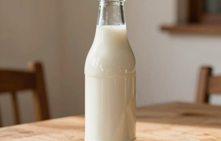 A minimalist, close-up photograph of a clean glass bottle filled with creamy white kefir, placed on a rustic light wood table. The background is a soft cream wall in a bright Latin American home. Natural morning sunlight creates gentle shadows, emphasizing the smooth texture of the liquid.