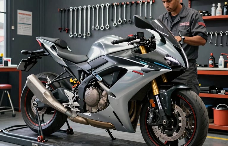Professional wide shot of a motorcycle repair station in Brazil. A modern sport motorcycle is on a lift, being serviced by a mechanic in a charcoal gray uniform. The workshop is organized with silver tools against a dark gray wall.
