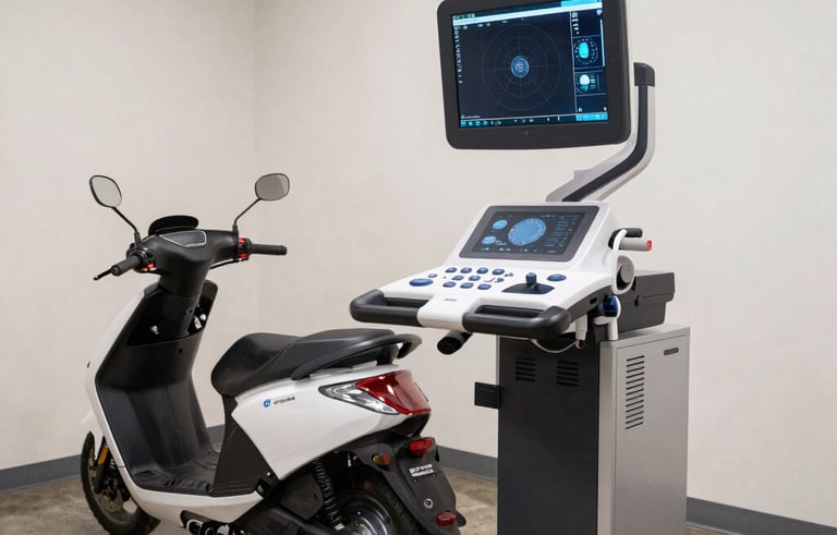 Detailed photography of a high-tech digital diagnostic scanner connected to a modern scooter. The setting is an efficient, modern South American service center with off-white walls and polished concrete floors. The composition is clean and technical.