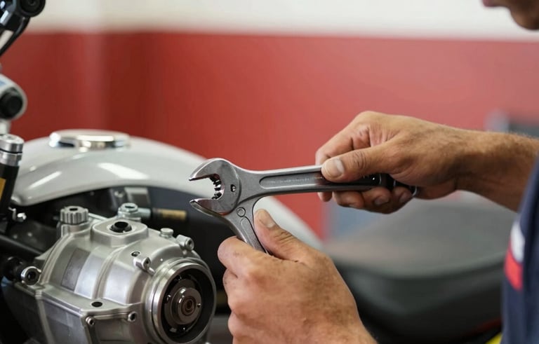 Close-up photography of a professional technician's hands using a wrench on a motorcycle engine inside a bright, clean Brazilian workshop. The lighting is natural and crisp. Accents of deep red and off-white are visible in the background environment.