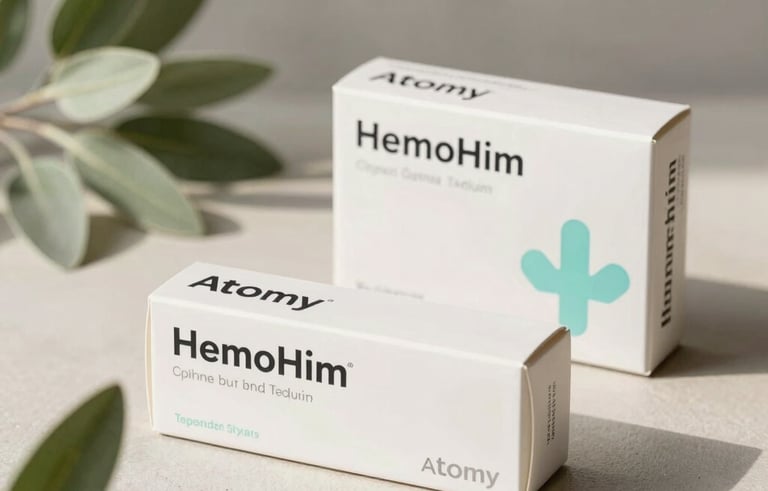 A professional product photography shot of Atomy HemoHim boxes on a minimalist surface, accented with sage green leaves and soft morning sunlight. The style is clean, modern, and high-end, reflecting health and vitality in a Middle Eastern / North African luxury setting.