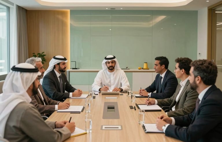 A wide shot of a modern, bright conference room where professional entrepreneurs in Middle Eastern business attire are collaborating. Warm gold and sage green color accents are visible in the decor, exuding success and inspiration.
