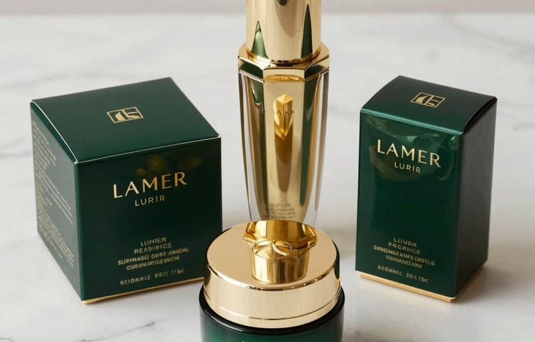 Luxury skincare collection displayed on a white marble surface. The lighting is soft and golden, highlighting the elegant packaging. Elements of dark green and gold reflect the brand's sophisticated aesthetic.