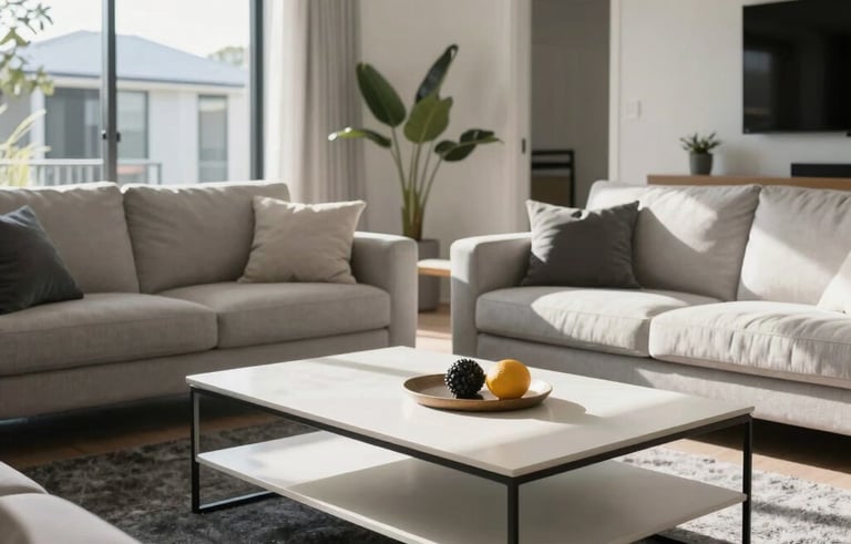 Bright and airy photography of a modern Australian suburban living room in Adelaide. Soft morning sunlight highlighting a dust-free coffee table and vacuumed charcoal carpet. Professional composition, white and soft gray tones.