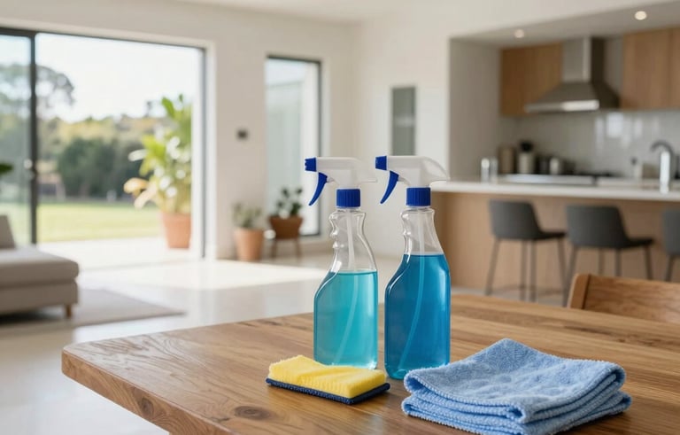 Wide shot of a spacious open-plan Australian home. A professional cleaning kit with spray bottles and microfiber cloths sits on a clean wooden table. Bright, fresh atmosphere.