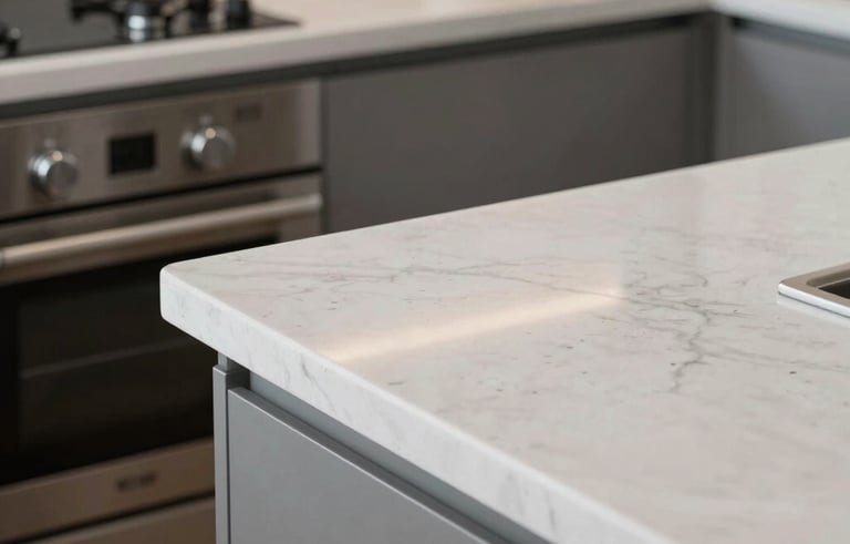 Close-up architectural photography of a spotless Australian kitchen. Polished white stone countertops reflecting soft light. Stainless steel appliances with no fingerprints. Minimalist style.