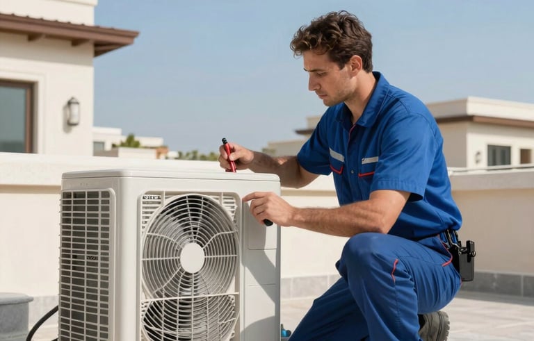 A professional HVAC technician checking an air conditioning unit on a villa rooftop in Cedre Villas, Dubai, bright daylight, clear blue sky, focus on reliability and modern tools, Middle Eastern / Gulf residential architecture.