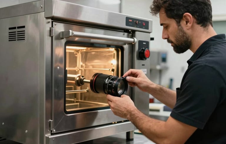 A technician in a professional workspace repairing a stainless steel commercial oven, cinematic lighting, modern industrial kitchen setting in the Middle Eastern / Gulf region, clean and efficient atmosphere.